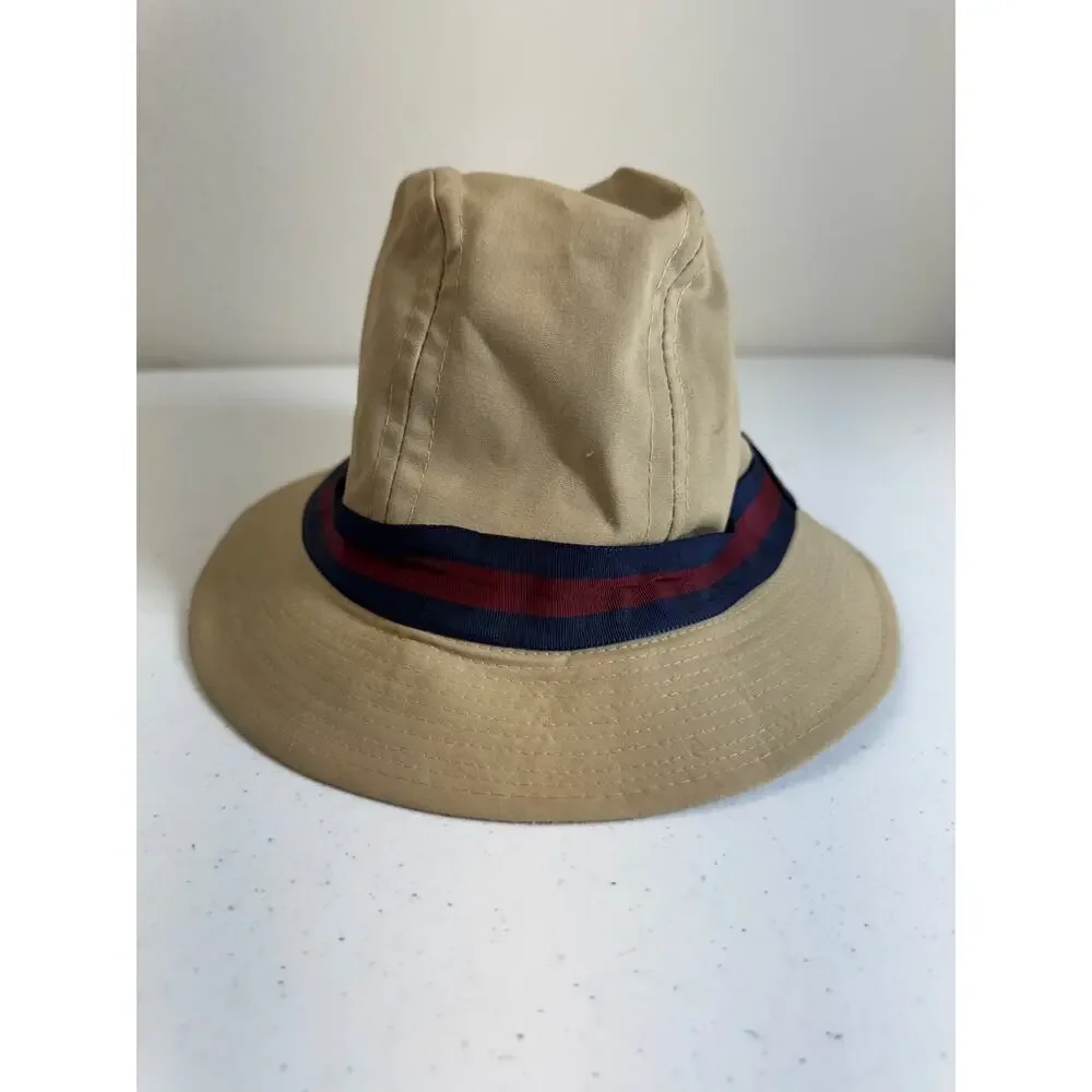 Vintage Stetson Khaki Cotton Fedora Hat Navy Burgundy Striped‎ M Grandpa Fishing